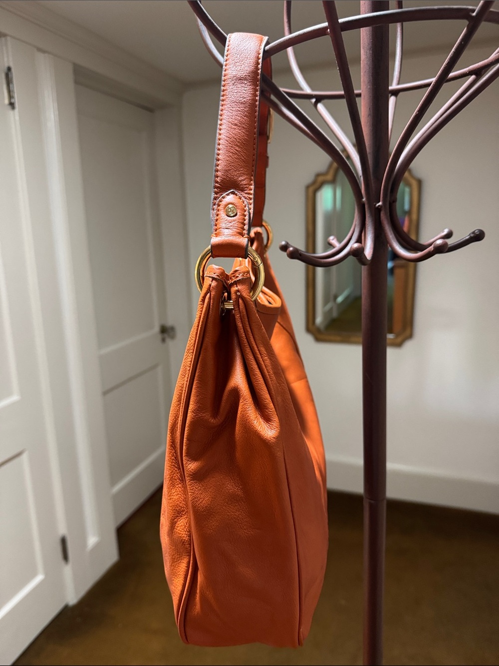 Burnt Orange Leather Shoulder Bag with Embossed Round Logo - Picture 3 of 12